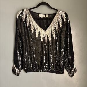 Vintage ZIMBLE Women's Small Retro Silk Sequin Sunburst V Neck Blouse Classic